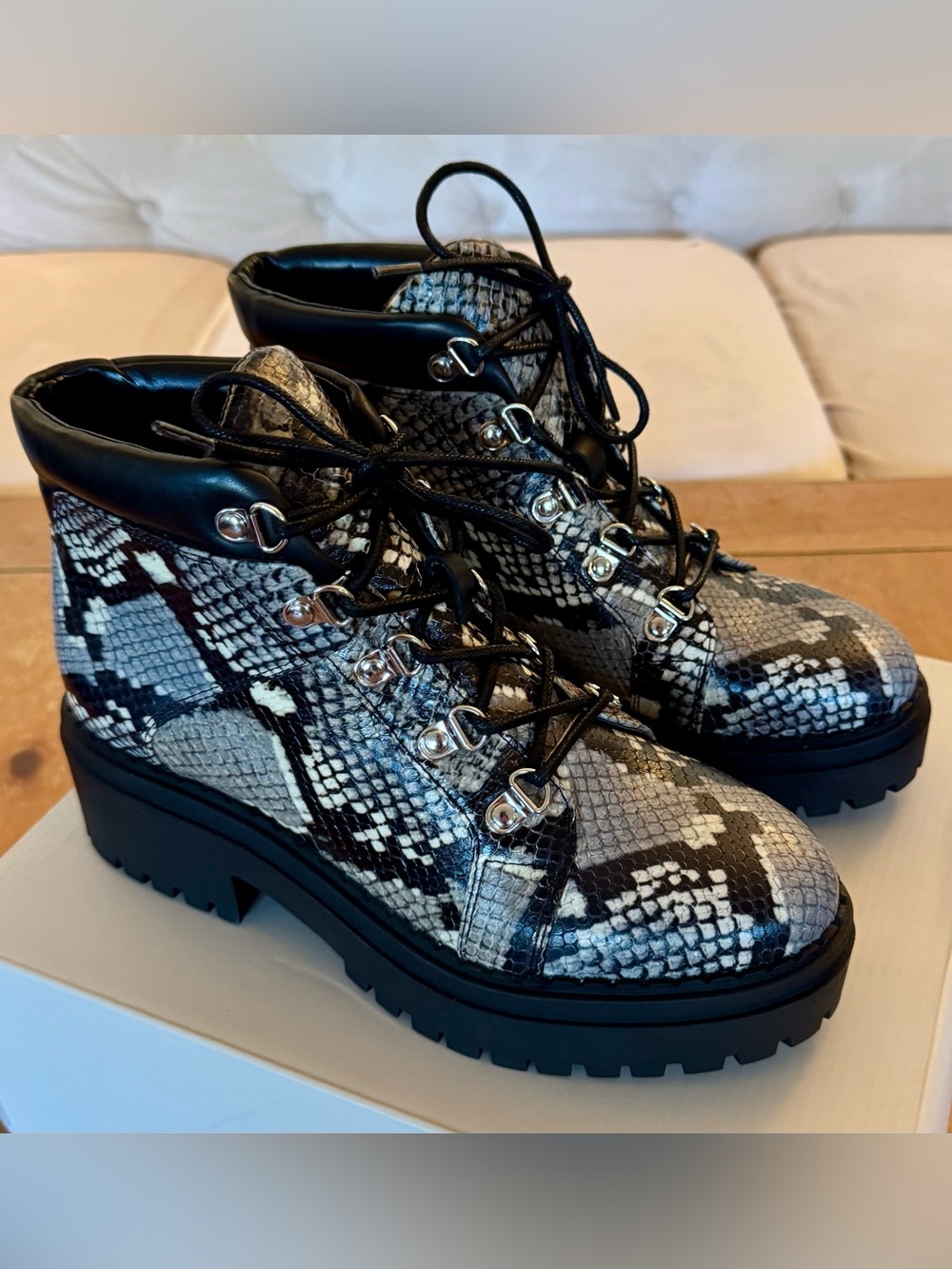 Marc Fisher Leather Snake-Print Lace-Up Lug Ankle Boots - Black/Gray